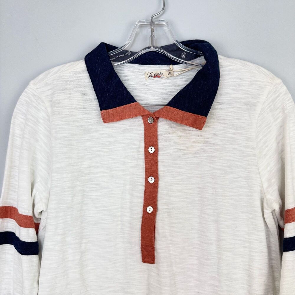 Faherty Women's Dion Long Sleeve 4 Button Ivory Navy Polo S - Picture 2 of 5